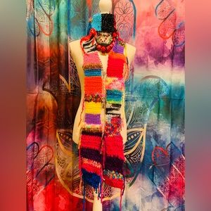 🧶Bohemian Hippie Skinny Crochet Scarf Handmade New 85.5” Long One of a kind!🧶